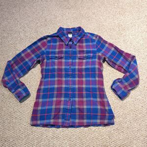 Patagonia Fjord Flannel Shirt Womens 4 Blue Purple Plaid Organic Cotton Outdoor